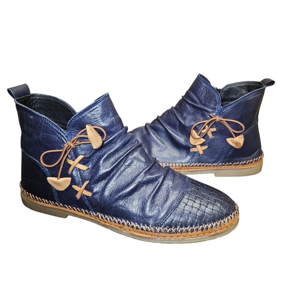 Spring Step Pomeroy Boots Women 10 Blue Leather Ankle Booties Boho‎ Artsy